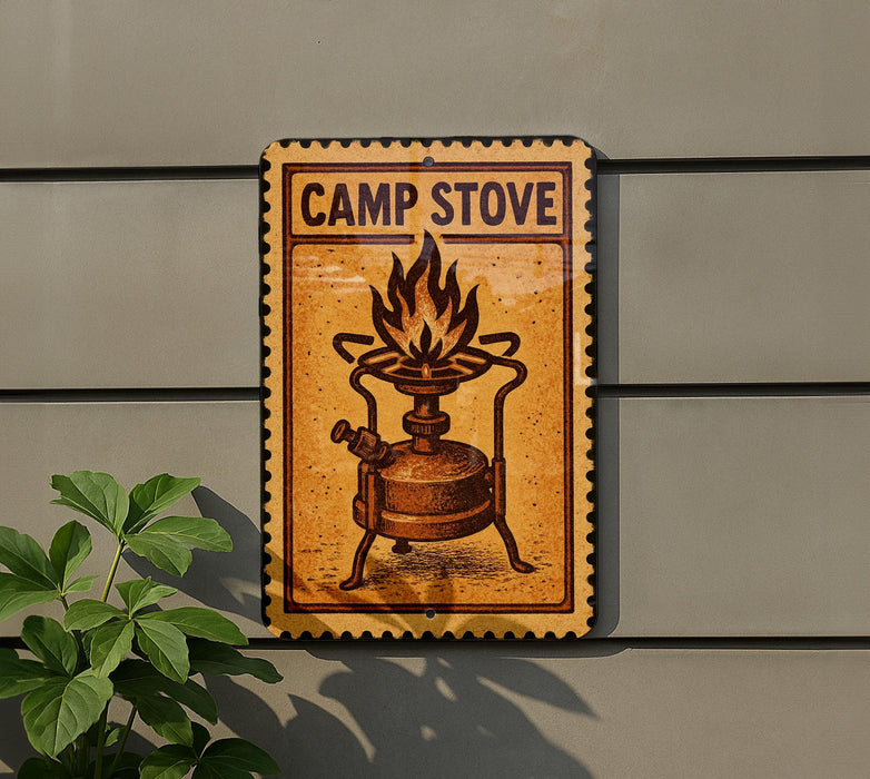 a sign with a picture of a camp stove on it, mounted on a wall.