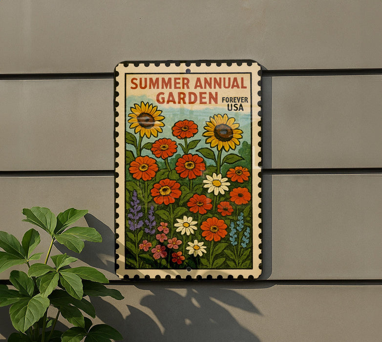 A colorful poster of a summer garden, featuring sunflowers, daisies, and other flowers, is displayed on a wall.