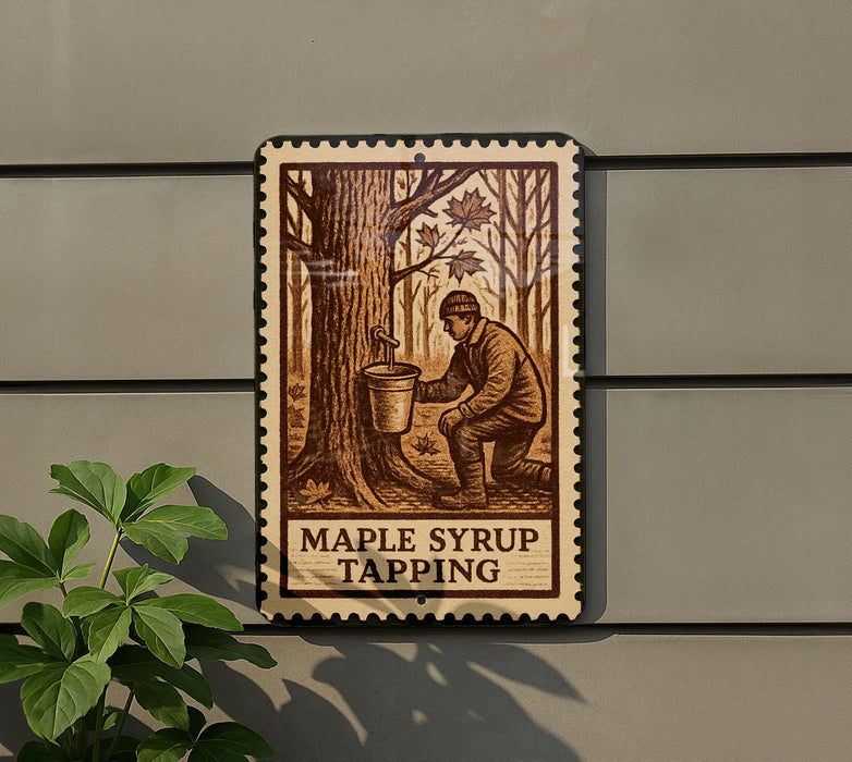 A metal sign with a woodcut illustration of a man tapping a tree to collect maple syrup.
