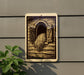 a sign with an illustration of a barn door and a pile of hay, mounted on a wall.
