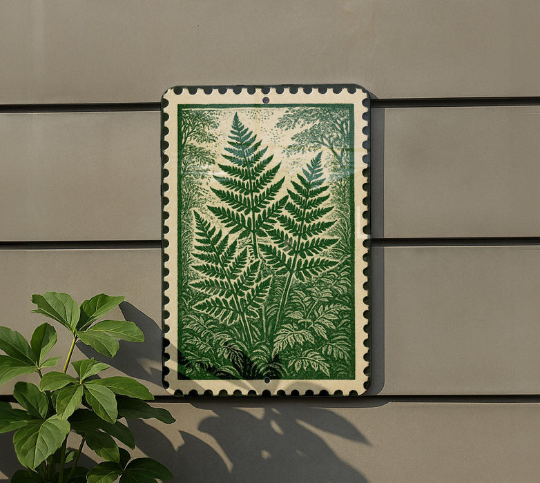 a decorative green and white tile with a fern pattern, mounted on a wall.