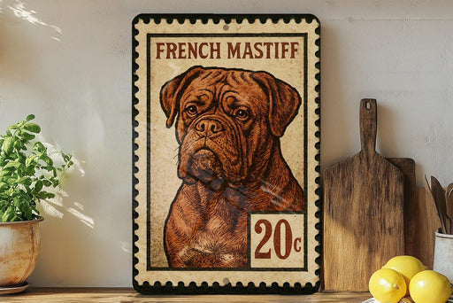 A French Mastiff dog is depicted on a postage stamp-like frame, with a wooden cutting board and lemons in the foreground.