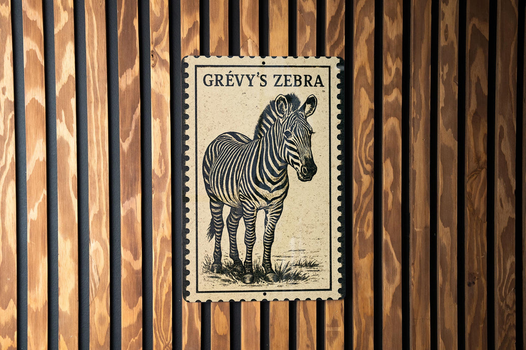 A framed image of a zebra is displayed on a wooden wall.