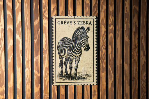 A framed image of a zebra is displayed on a wooden wall.