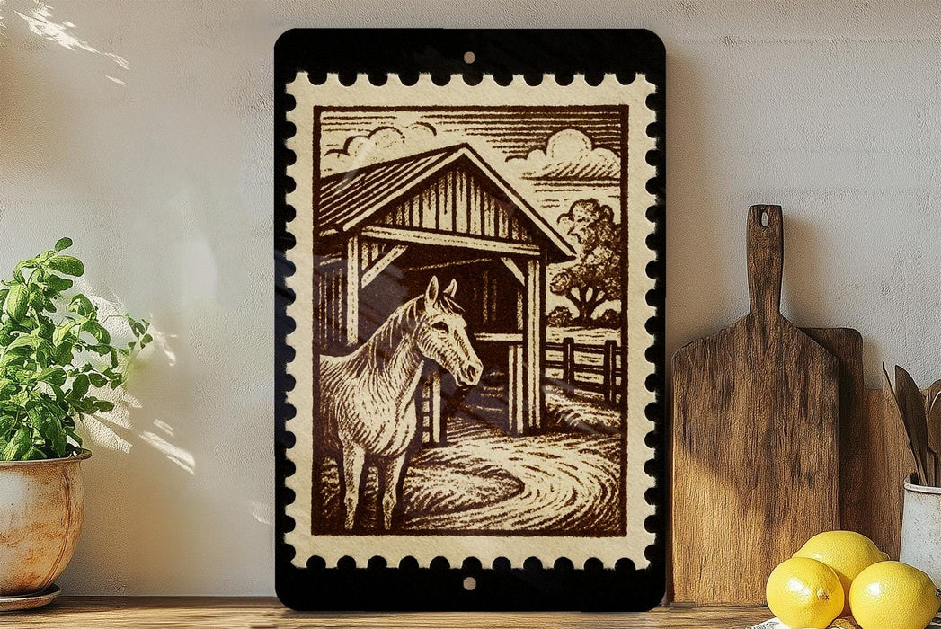 a framed illustration of a horse in a stable, surrounded by farm-related items such as a wooden cutting board and a potted plant.