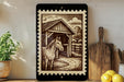 a framed illustration of a horse in a stable, surrounded by farm-related items such as a wooden cutting board and a potted plant.