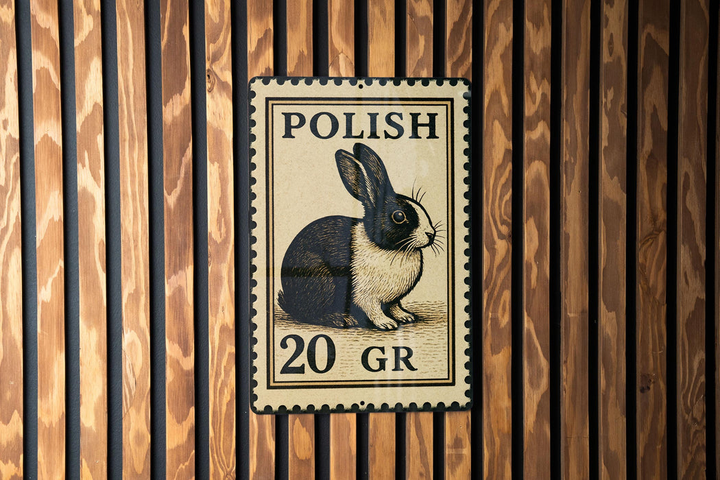 A metal sign with a rabbit illustration and the text "POLISH 20 GR" is displayed on a wooden wall.