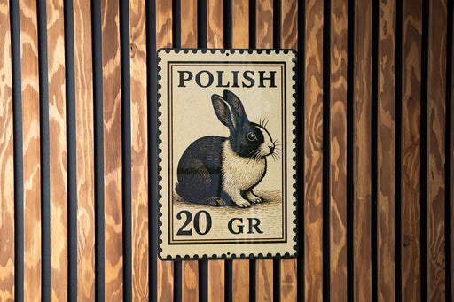 A metal sign with a rabbit illustration and the text "POLISH 20 GR" is displayed on a wooden wall.