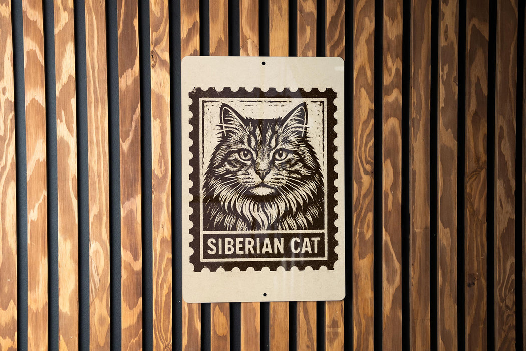 A sign featuring a close-up of a cat's face, with the text "SIBERIAN CAT" below it.