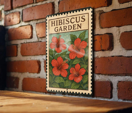 A vintage-style metal sign with a floral design hangs on a brick wall, featuring the text "HIBISCUS GARDEN" and vibrant red hibiscus flowers.