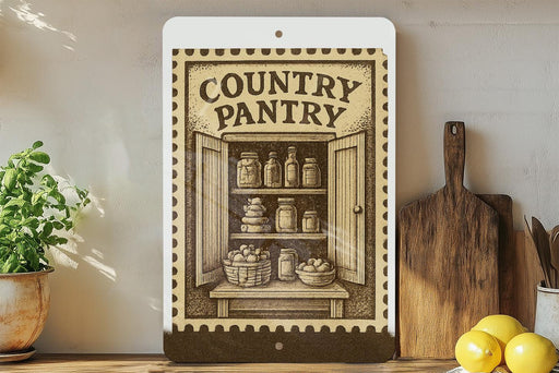 a vintage-style illustration of a pantry door with various food items displayed inside, such as jars, baskets, and bottles. The pantry door is framed by a decorative border, and the text "COUNTRY PANTRY" is prominently displayed above the illustration. The pantry is set against a backdrop of a wooden shelf, and there are some potted plants and kitchen utensils visible in the background.