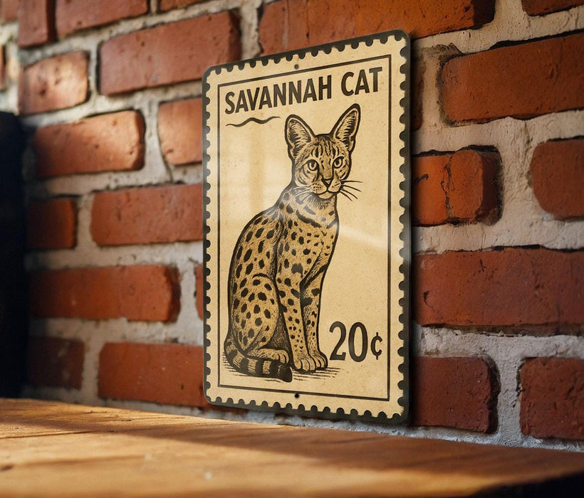 A metal sign featuring a printed illustration of a Savannah cat, mounted on a brick wall.