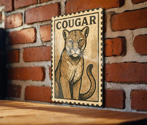 a cougar, a large mountain cat, on a wooden surface against a brick wall.
