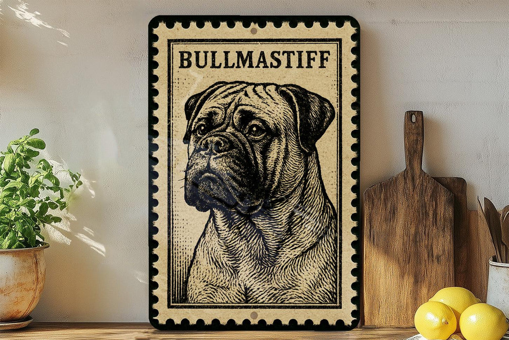 A framed illustration of a bull mastiff dog is displayed on a shelf, accompanied by a wooden cutting board and a potted plant.
