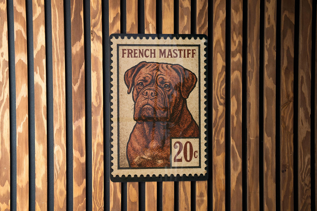 A French Mastiff dog is depicted on a postage stamp, which is affixed to a wooden wall.