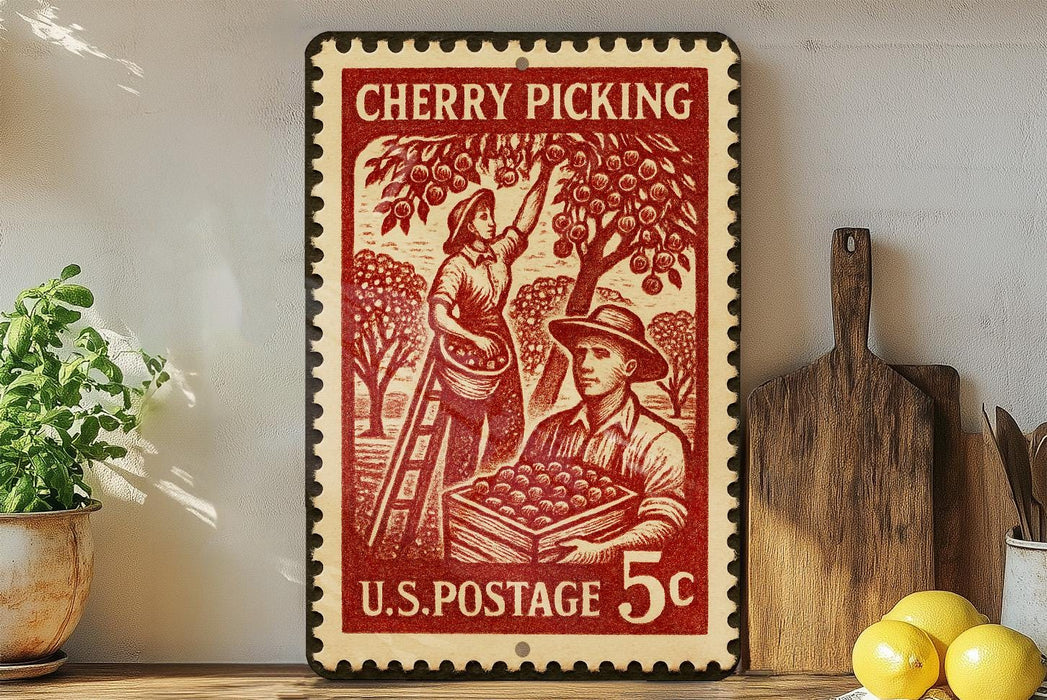 A vintage-style U.S. postage stamp depicting a cherry picking scene, with a woman picking cherries and a man holding a basket of cherries. The stamp is placed on a shelf next to a wooden cutting board and a potted plant.