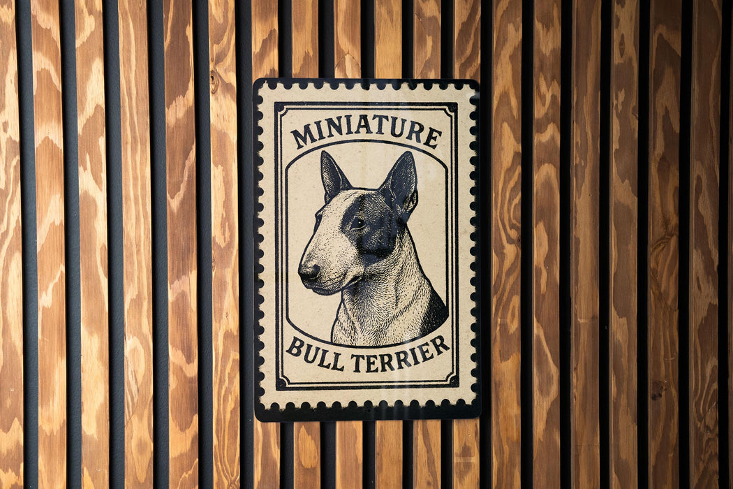 a bull terrier, a small and muscular breed of dog, with a stamp-like design on a wooden background.