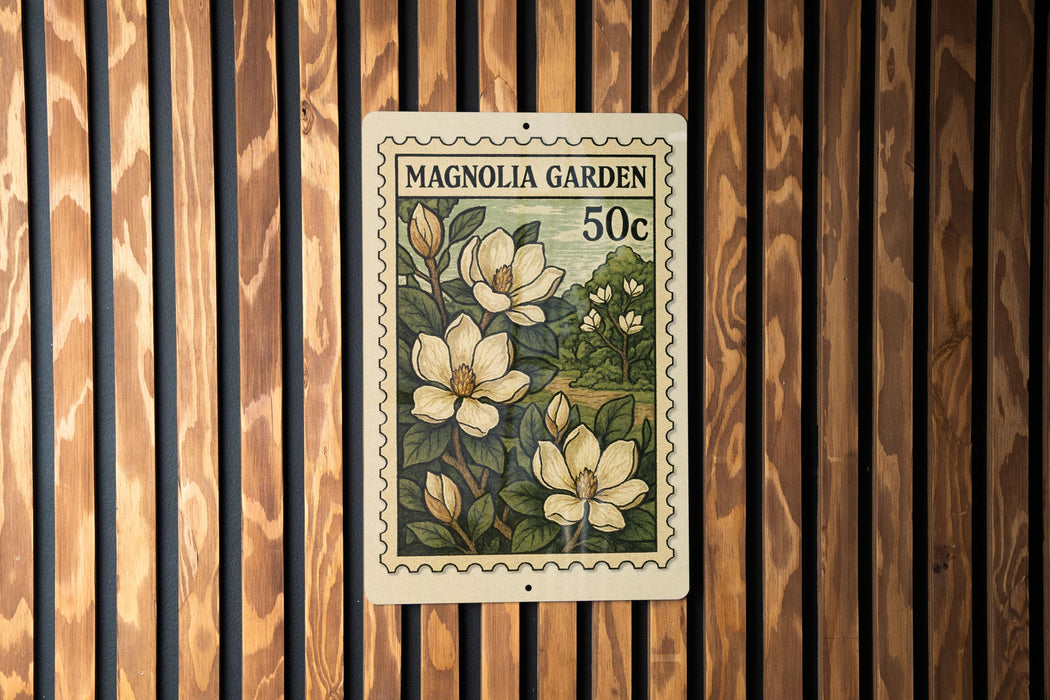 A vintage postage stamp featuring a floral design with white flowers and green leaves, mounted on a wooden wall.