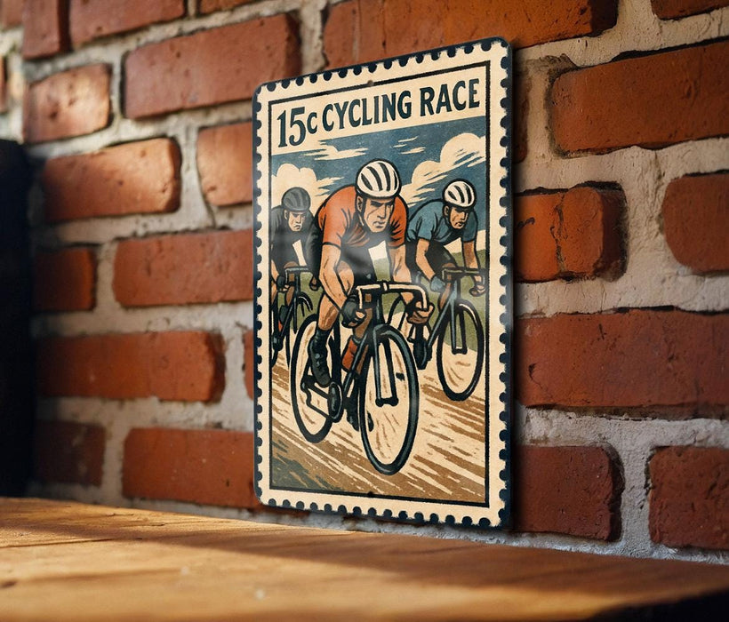 A vintage-style poster of a cycling race, featuring three cyclists racing on a road with a brick wall in the background.