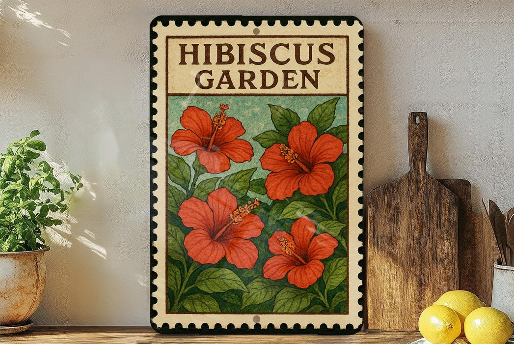 A framed illustration of red hibiscus flowers is displayed on a shelf, accompanied by a wooden cutting board and a potted plant.