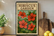 A framed illustration of red hibiscus flowers is displayed on a shelf, accompanied by a wooden cutting board and a potted plant.