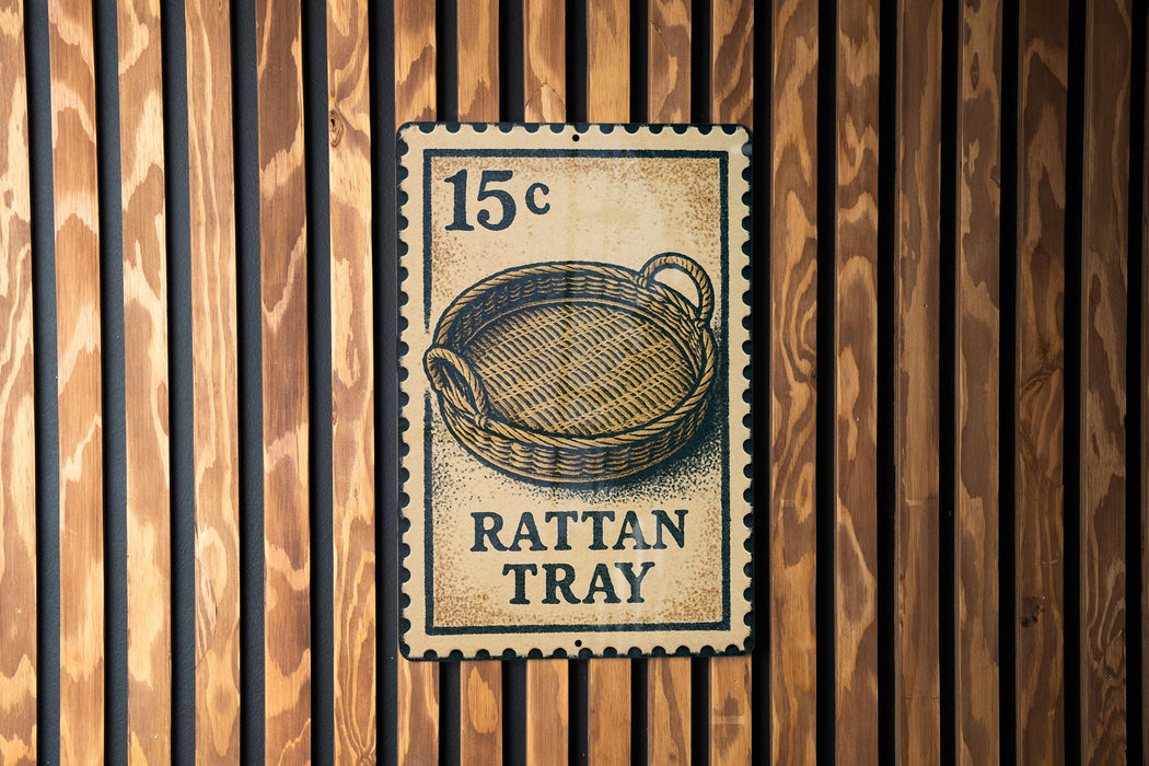 A metal sign with a wicker basket on it, mounted on a wooden wall.
