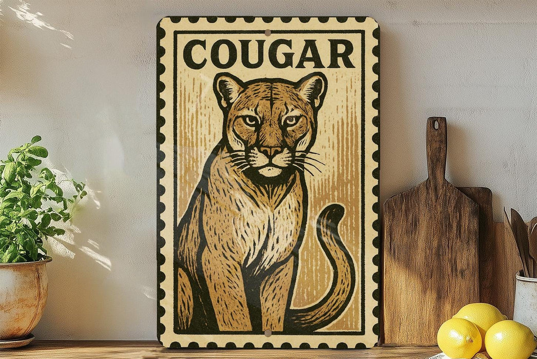 a cougar, a large mountain cat, on a wooden surface.