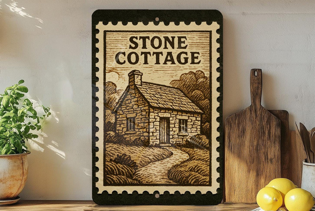 a framed illustration of a stone cottage, with a wooden cutting board and a potted plant to the left.