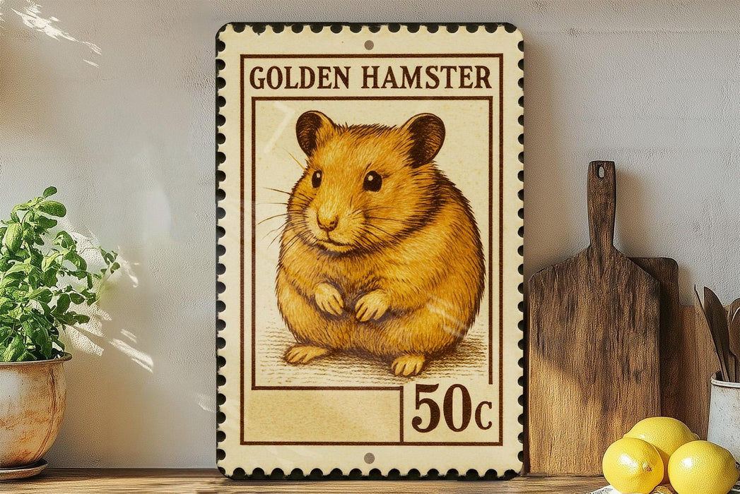 A framed stamp depicting a golden hamster, with the text "GOLDEN HAMSTER" and "50c" printed on it. The stamp is placed on a wooden surface, with a potted plant, a wooden cutting board, and some lemons nearby.