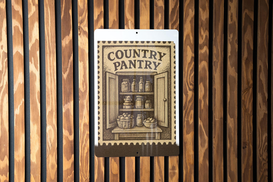 a sign for a country pantry, with a wooden background and a pantry door illustration.