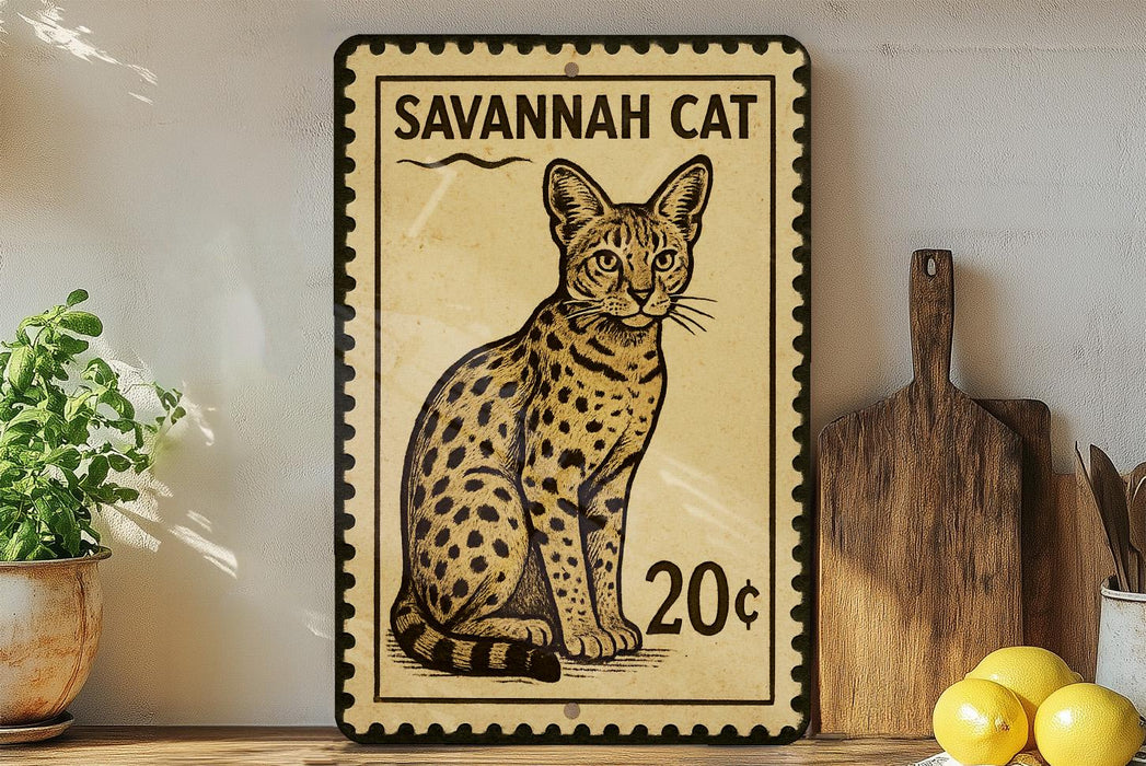 A vintage-style postage stamp featuring a Savannah cat, with a price of 20 cents, is displayed on a wooden surface next to a wooden cutting board and some lemons.