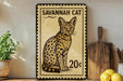 A vintage-style postage stamp featuring a Savannah cat, with a price of 20 cents, is displayed on a wooden surface next to a wooden cutting board and some lemons.