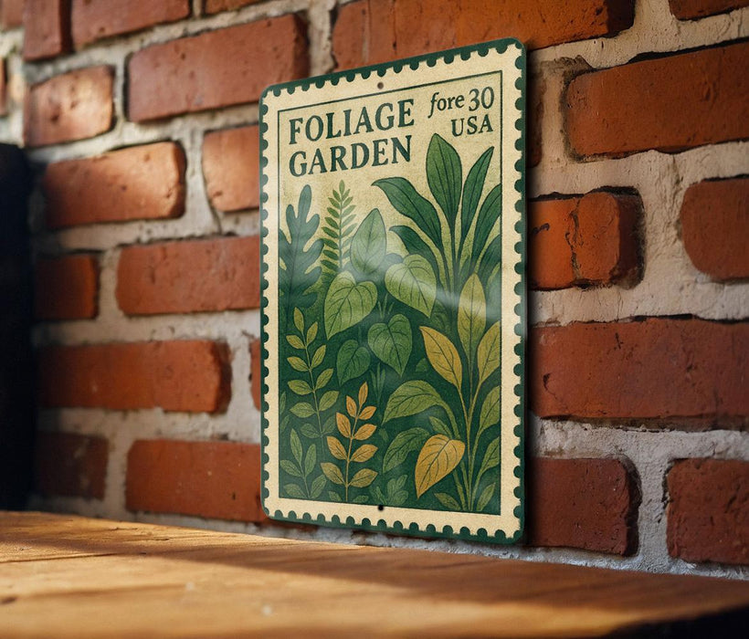 a vintage-style metal sign with a floral design, mounted on a brick wall.