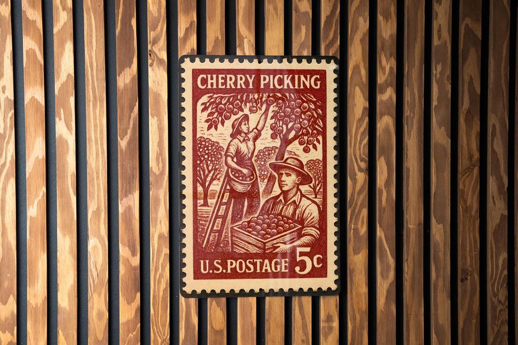 A U.S. postage stamp depicting a cherry picking scene, with a person picking cherries from a tree.