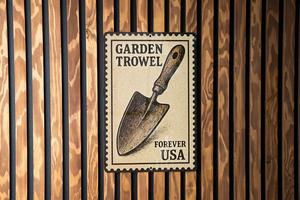 A metal sign with a shovel illustration is mounted on a wooden wall.