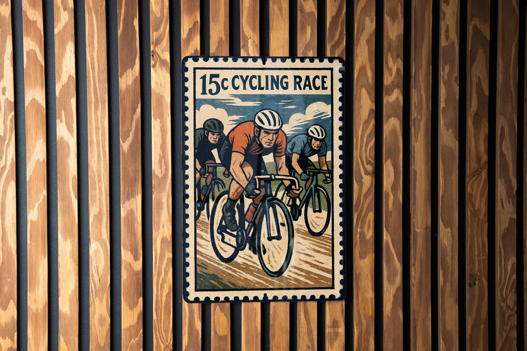 A vintage-style poster of three cyclists racing, with the text "15c cycling race" prominently displayed.