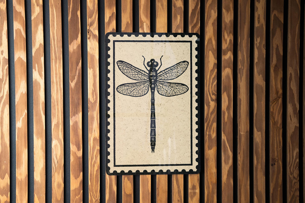 a wooden wall with a framed illustration of a dragonfly.