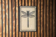 a wooden wall with a framed illustration of a dragonfly.