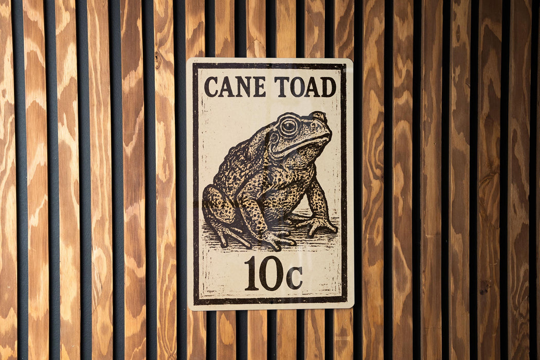 a sign with a drawing of a cane toad, mounted on a wooden wall.