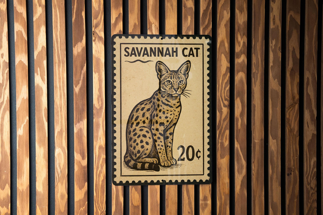 A postage stamp featuring a Savannah cat, with the text "SAVANNAH CAT" and the denomination "20c".