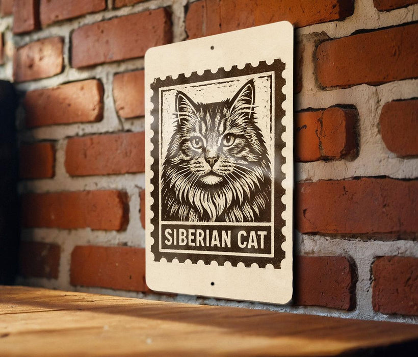 A sign featuring a black and white illustration of a Siberian cat, mounted on a brick wall.