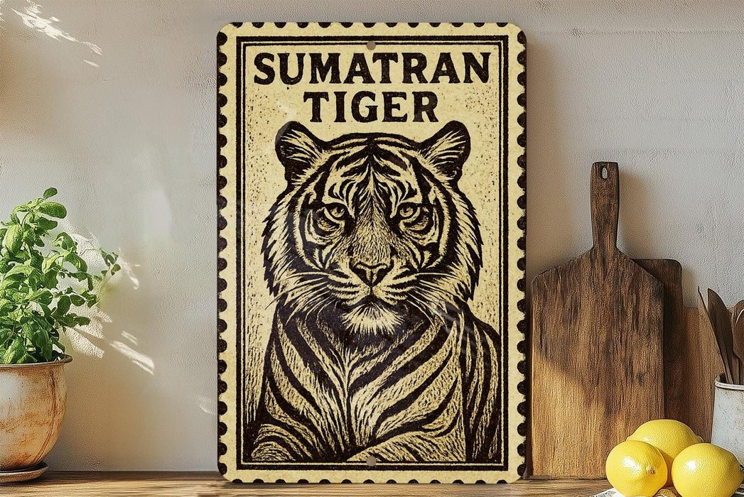 a framed poster of a tiger, with a wooden cutting board and a potted plant in the background.