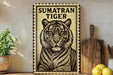 a framed poster of a tiger, with a wooden cutting board and a potted plant in the background.