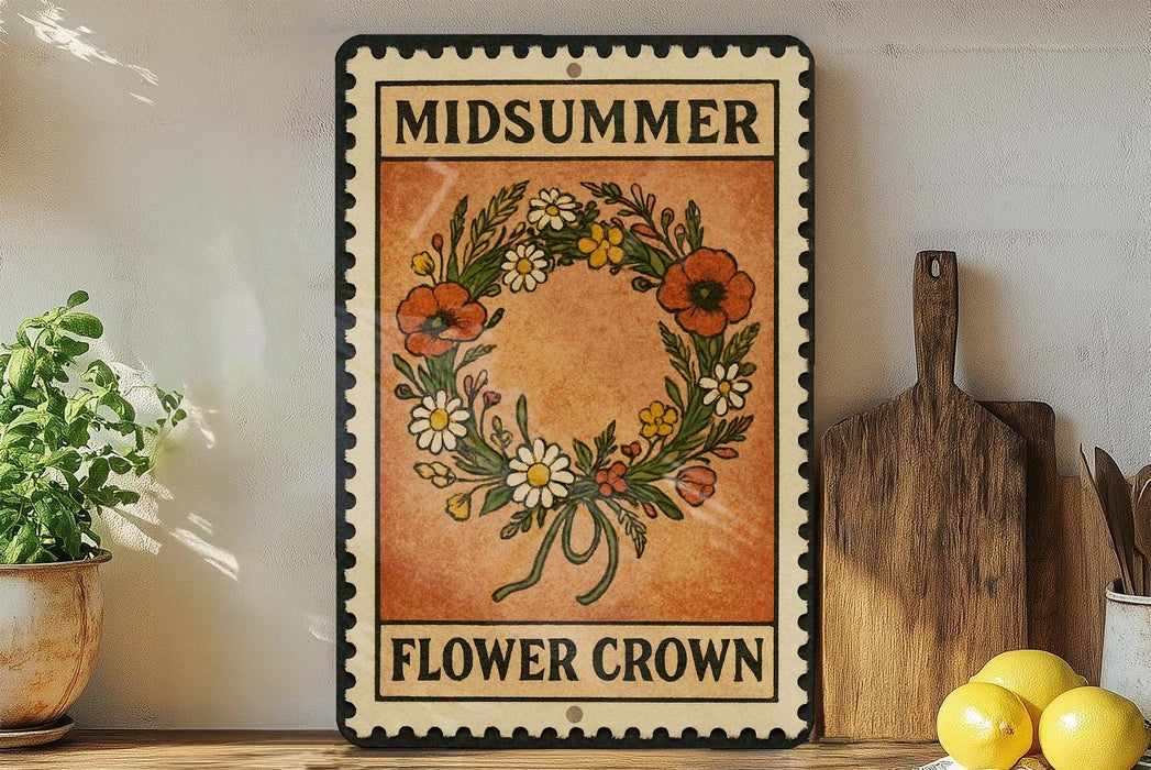 A vintage-style metal sign with the text "MIDSUMMER FLOWER CROWN" displayed on it, surrounded by a wreath of flowers and a wooden cutting board.