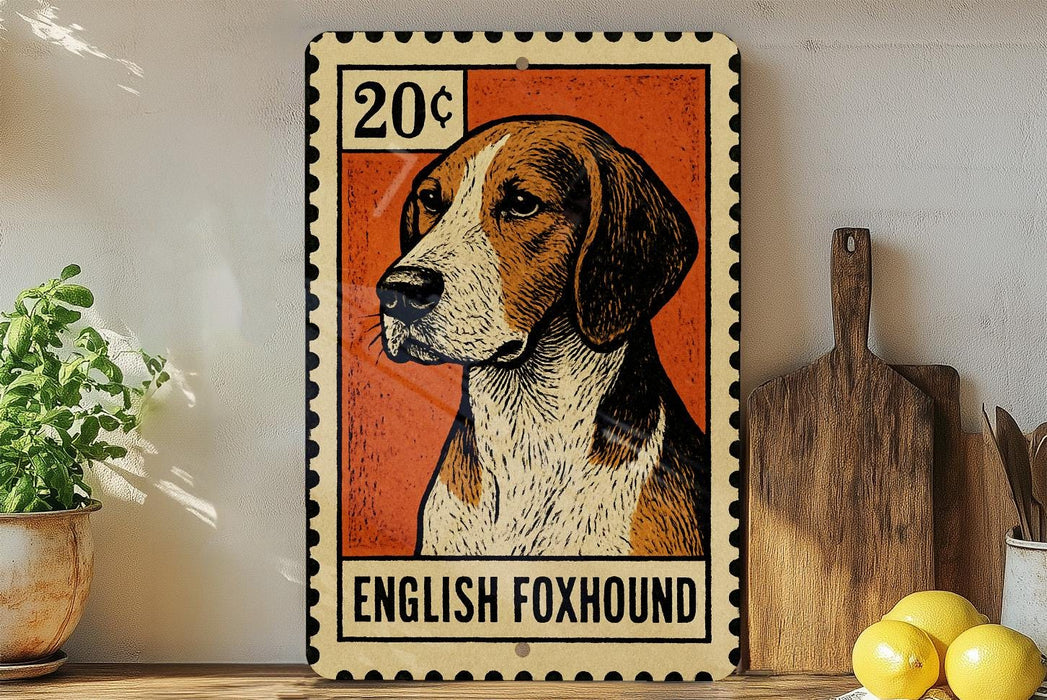 a framed illustration of an English foxhound dog, with a stamp-like border and text indicating the dog's breed.