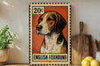 a framed illustration of an English foxhound dog, with a stamp-like border and text indicating the dog's breed.