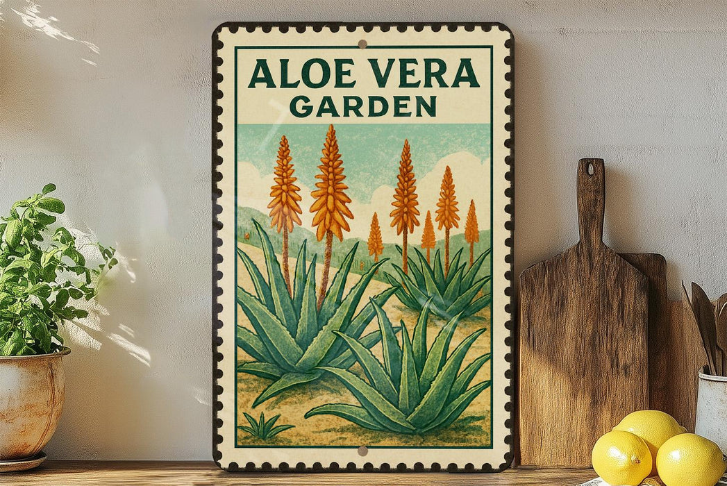 a framed illustration of an aloe vera plant, with the text "ALOE VERA GARDEN" prominently displayed. The frame is placed on a wooden surface, and there are some potted plants and kitchen utensils visible in the background.
