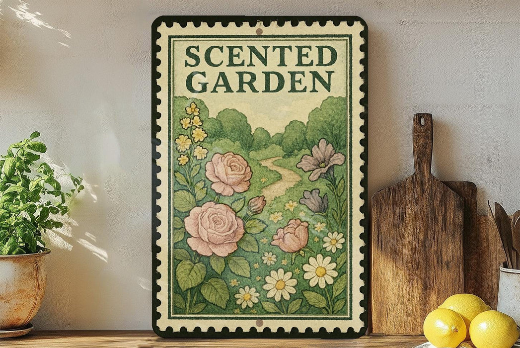 a framed poster of a garden scene with roses and other flowers, placed on a shelf next to a wooden cutting board and a potted plant.