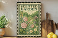 a framed poster of a garden scene with roses and other flowers, placed on a shelf next to a wooden cutting board and a potted plant.
