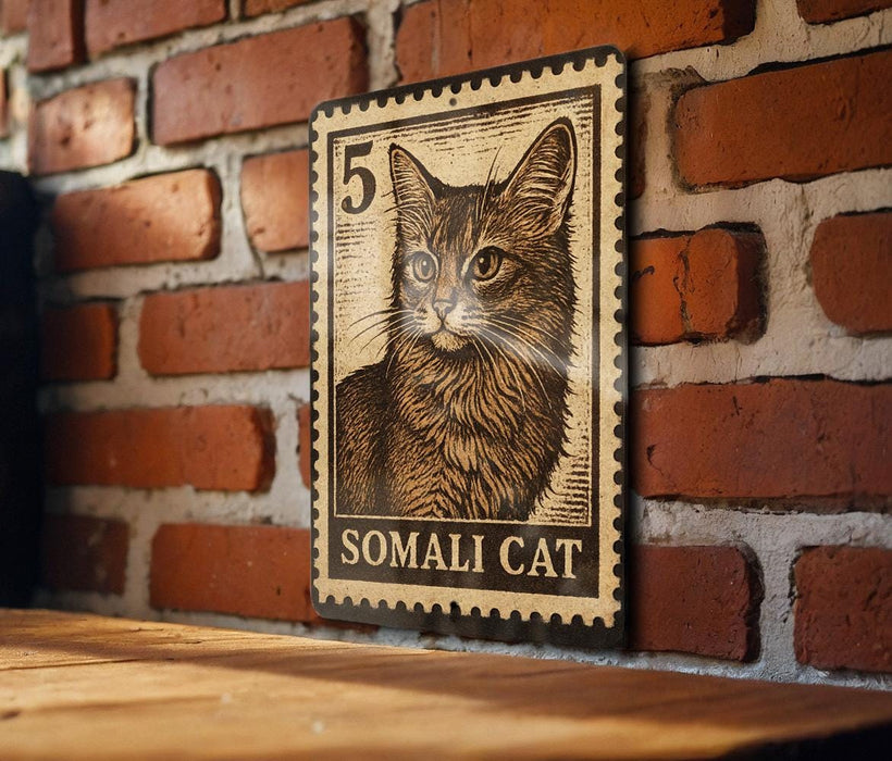 A wooden table with a brick wall in the background, featuring a framed image of a cat on the wall.